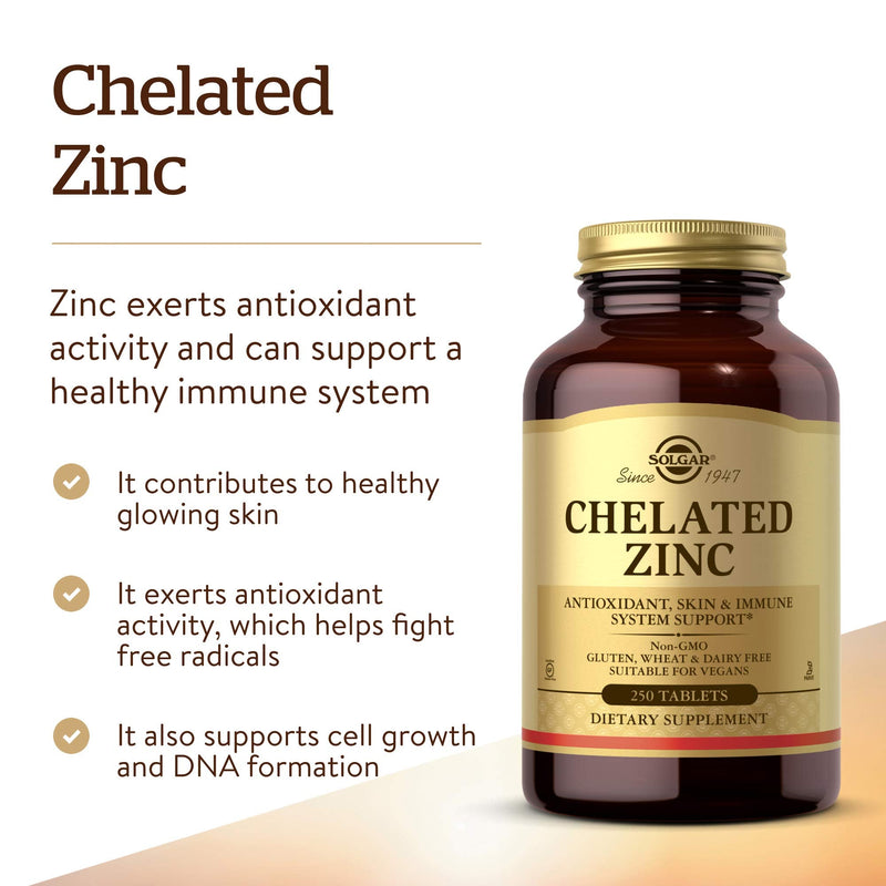 [Australia] - Solgar Chelated Zinc, 250 Tablets - Zinc for Healthy Skin - Supports Cell Growth & DNA Formation - Exerts Antioxidant Activity - Supports A Healthy Immune System - Non GMO, Vegan - 250 Servings 250 Count (Pack of 1) Standard Packaging 