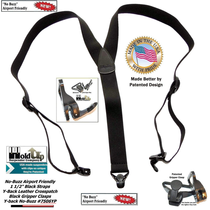 [Australia] - Holdup Suspender Company's No-buzz Airport Friendly All Black Y-back Suspenders with Patented composite plastic Gripper Clasps 