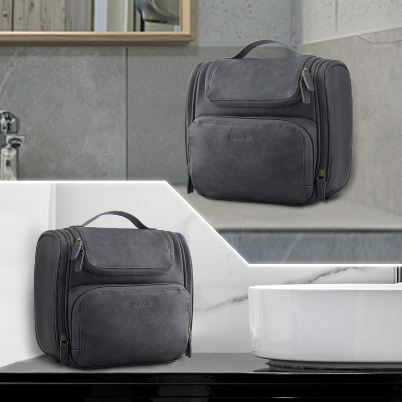[Australia] - Toiletry Bag, BAGSMART Hanging Leather Toiletry Kit Large Women Mens Travel Organizer Water-Resistant for Full Sized Container, Toiletries, Brushes Shaving (Grey) Grey 