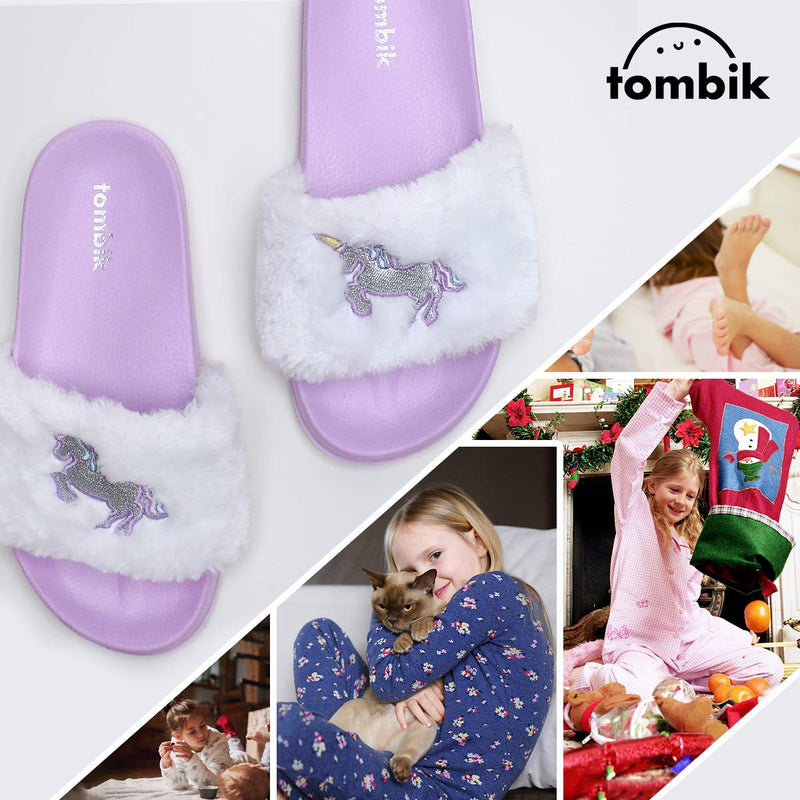 [Australia] - tombik Girls Faux Fur Slides Sandals | Cozy Slippers | Little Kid & Big Kid 1-2 Little Kid Purple/White/Unicorn 