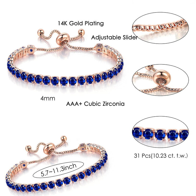 [Australia] - Tennis Bracelets for Women 14K Gold Plated Classic Fashion Sparkling AAA+ Cubic Zirconia Tennis Adjustable Pull String Bracelet Adjustable Slider Bangle Jewelry Gift for Women Girls Blue CZ 