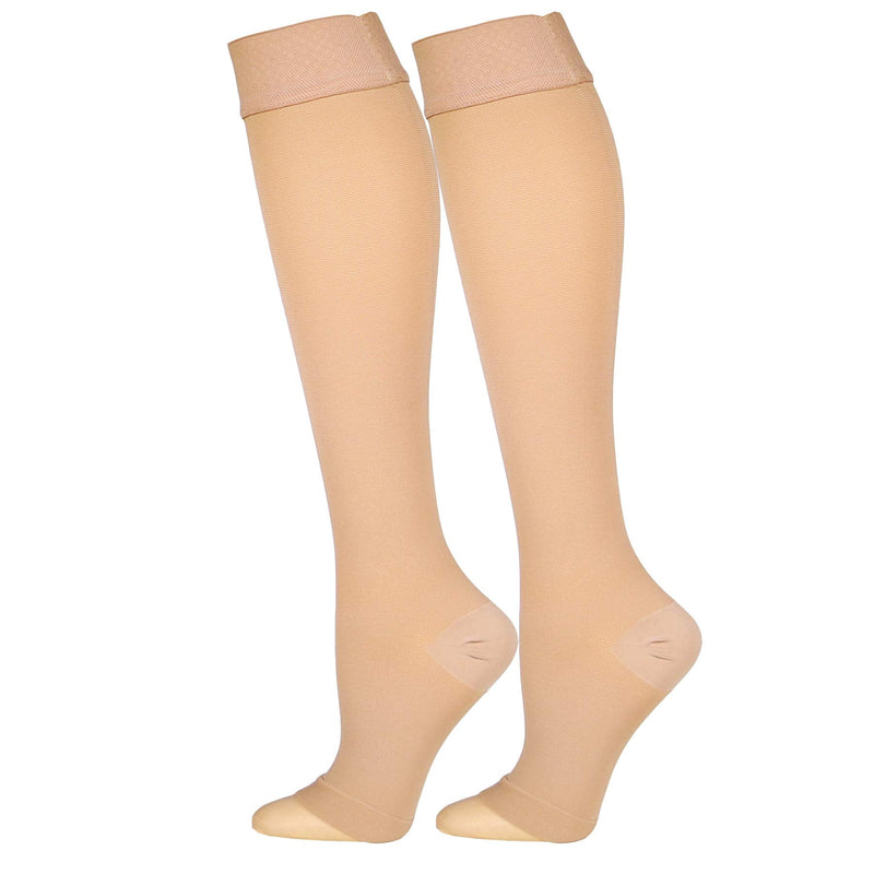 [Australia] - Truform 30-40 mmHg Compression Stockings for Men and Women, Knee High Length, Dot-Top, Open Toe, Beige, Medium 