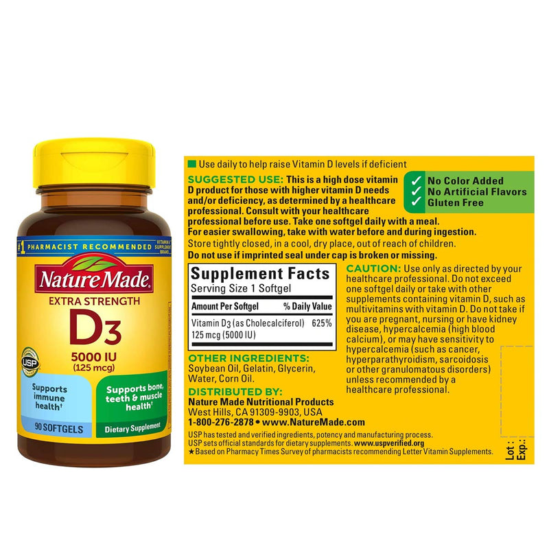 [Australia] - Nature Made Extra Strength Vitamin D3 5000 IU (125 mcg), Dietary Supplement for Immune Support, 90 Softgels, 90 Day Supply 90 Count (Pack of 1) 