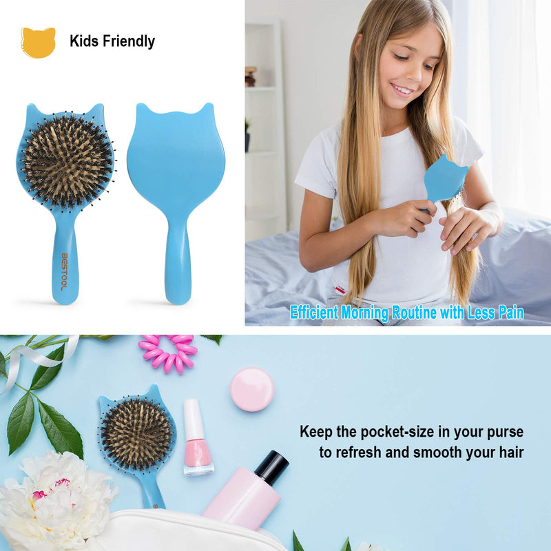 [Australia] - Hair Brush, BESTOOL Small Travel Hair Brushes for Women, Men or Kids, Wooden Toddler Boar Bristle Hair Brush for Detangling, Defrizz, Distribute Oil (Blue) Blue 