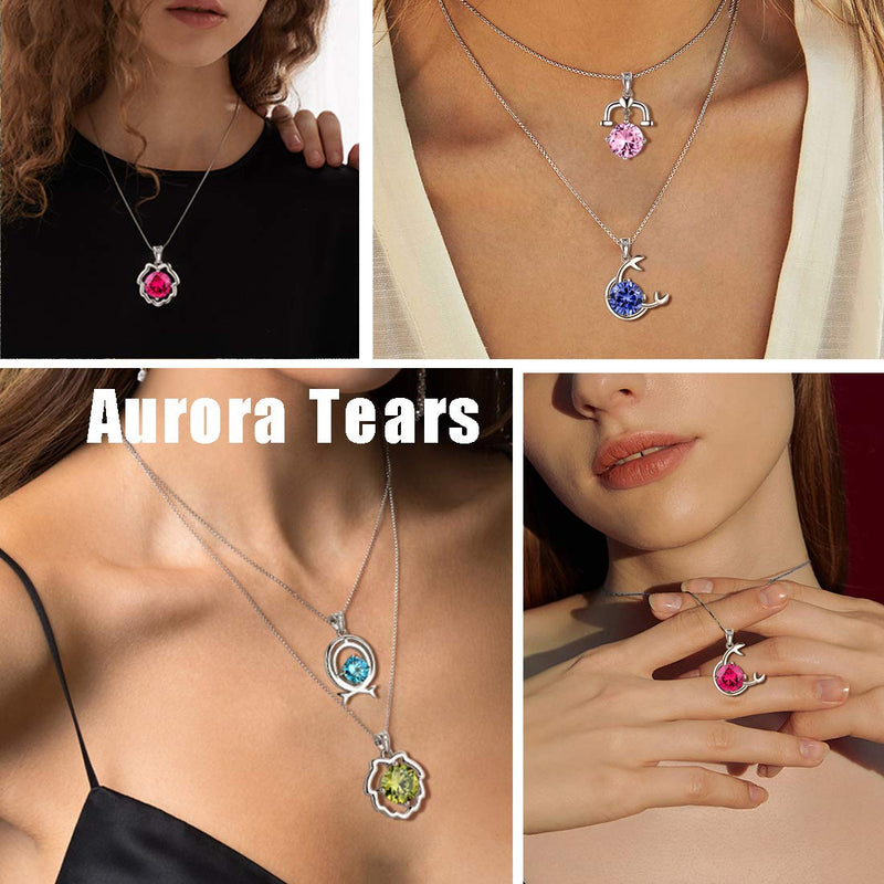 [Australia] - Aurora Tears Zodiac Constellation Necklaces Women 925 Sterling Silver Crystal Birthstone Pendant Cubic Zirconia Birth Jewelry Charm Dating Jewelry H.Scorpio-Tourmaline-Sign 