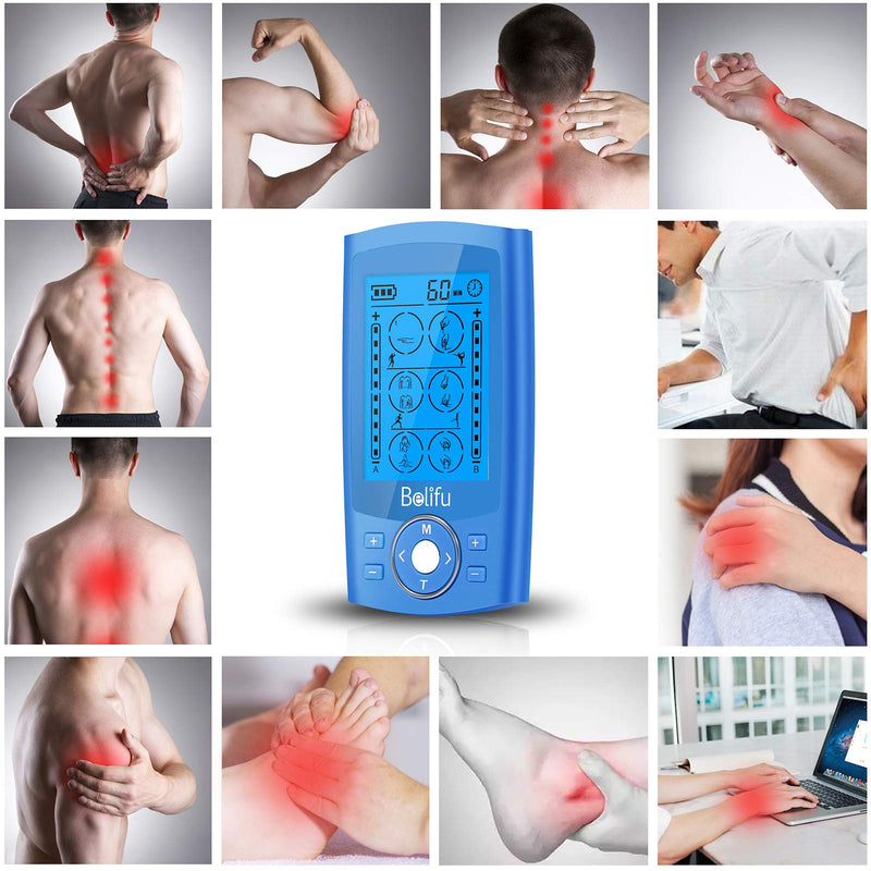 [Australia] - Belifu Dual Channel TENS EMS Unit 24 Modes Muscle Stimulator for Pain Relief Therapy, Electronic Pulse Massager Muscle Massager with 10 Pads, Dust-Proof Drawstring Storage Bag，Fastening Cable Ties… Blue 