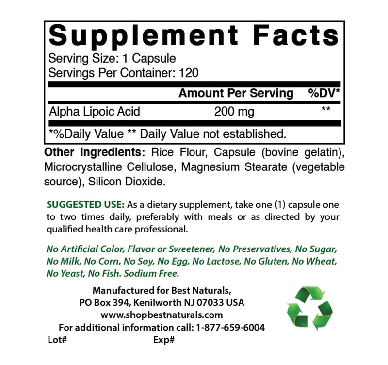 [Australia] - Best Naturals Alpha Lipoic Acid 200 Mg 120 Capsules (120 Count (Pack of 1)) 120 Count (Pack of 1) 