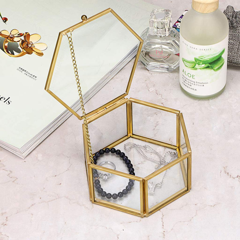 [Australia] - Hipiwe Vintage Glass Jewelry Box - Golden Hexagonal Jewelry Display Organizer Keepsake Box Home Decorative Box Case for Storage Trinket Ring Earring Chest Medium 