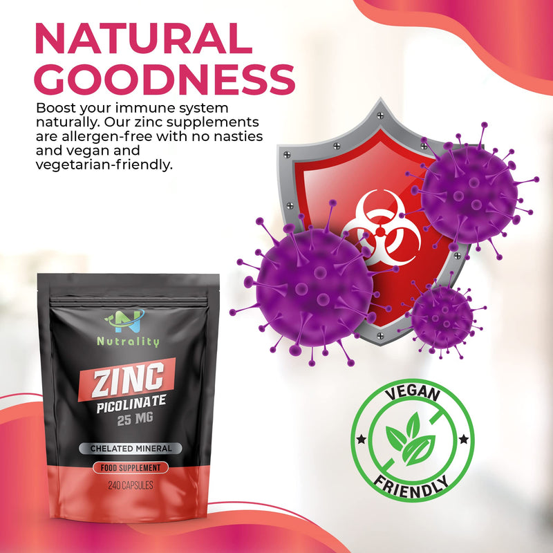 [Australia] - Nutrality Zinc Picolinate 25 mg - High Absorption Immune System Booster, Allergen-Free Zinc Supplement � 240 Day Supply Capsules - Vegan & Vegetarian Friendly 