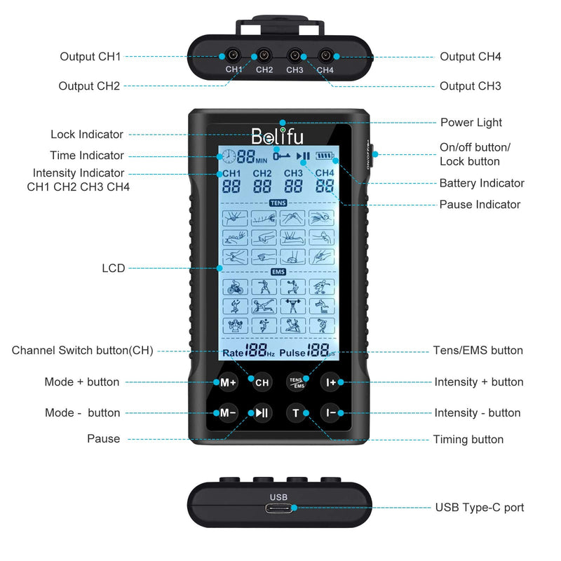 [Australia] - Belifu 4 Independent Channel TENS EMS Unit, 24 Modes,30 Level Intensity Muscle Stimulator Machine, Rechargeable Electric Pulse Massager with 10 Pads&5 Set Leads Wires, for Pain Relief Therapy(Black) Black 