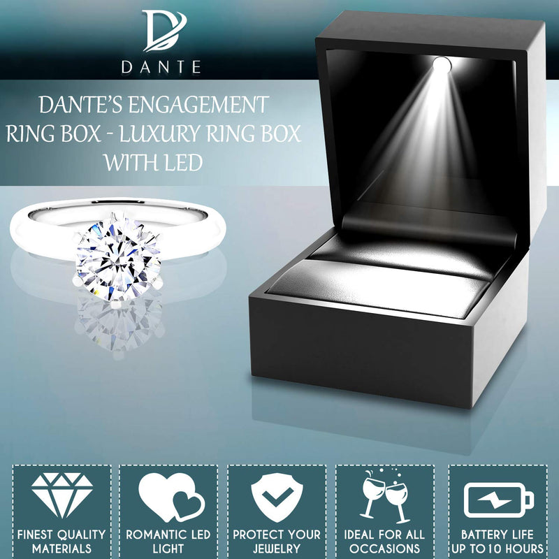 [Australia] - Dante's Engagement Ring Box – Luxury Ring Box with Light – Plush Velvet Wedding Ring Box – Automatic LED Light Ring Case – Premium Black Light Up Ring Box – Ideal for Proposal, Anniversary 