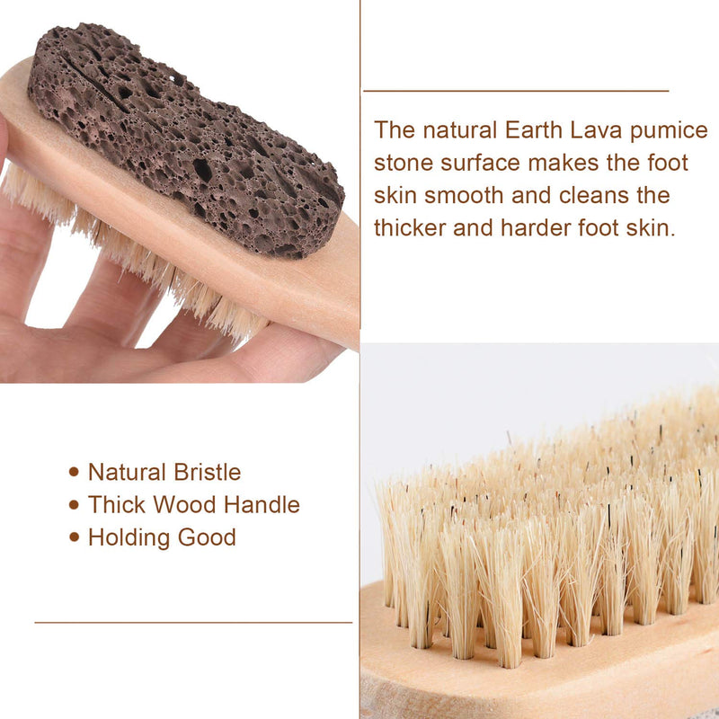 [Australia] - OWIIZI Foot File Callus Remover Natural Earth Lava Pumice Stone & Bristle Brush Combo Wooden Handle W/Rope Exfoliator Pedicures Foot Scrubber Smoother Feet for Shower 