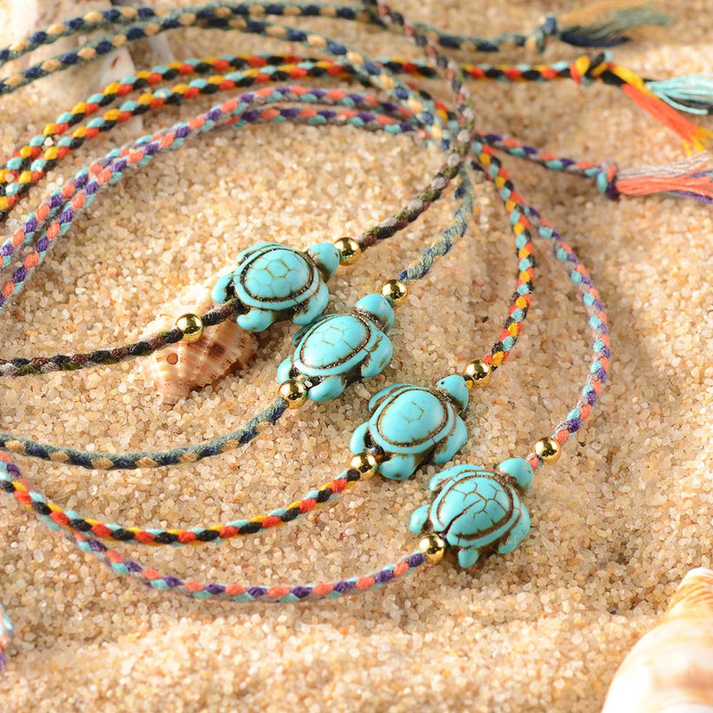 [Australia] - Jeka Handmade Sea Turtle Anklets Bracelets for Women Girls Beach Friendship 10 Pcs Set Boho Adjustable Rope Hawaiian Foot Jewelry 