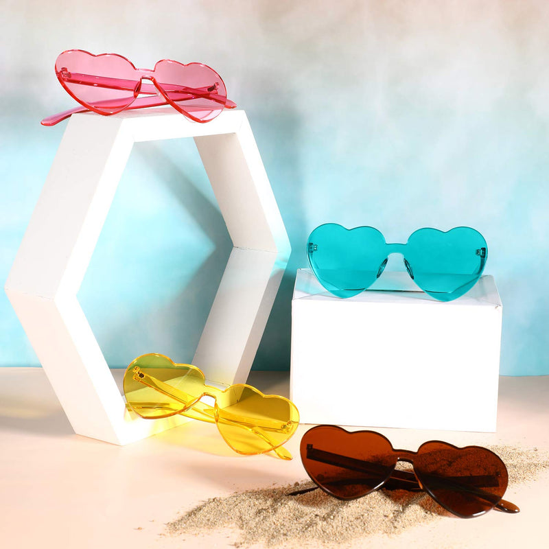 [Australia] - 4 Pieces Valentines Heart Shaped Rimless Sunglasses Transparent Frameless Glasses Tinted Eyewear for Valentines Party Cosplay Light Pink, Lake Blue, Light Brown, Yellow 