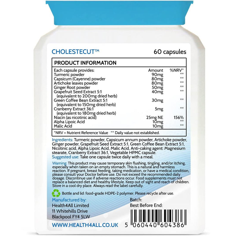 [Australia] - Health4All Cholestecut Vitamin B3 Niacin (Nicotinic Acid) 25mg & Botanicals Complex 60 Capsules (V) (not Tablets) for Healthy Cholesterol Management 60 Count (Pack of 1) 