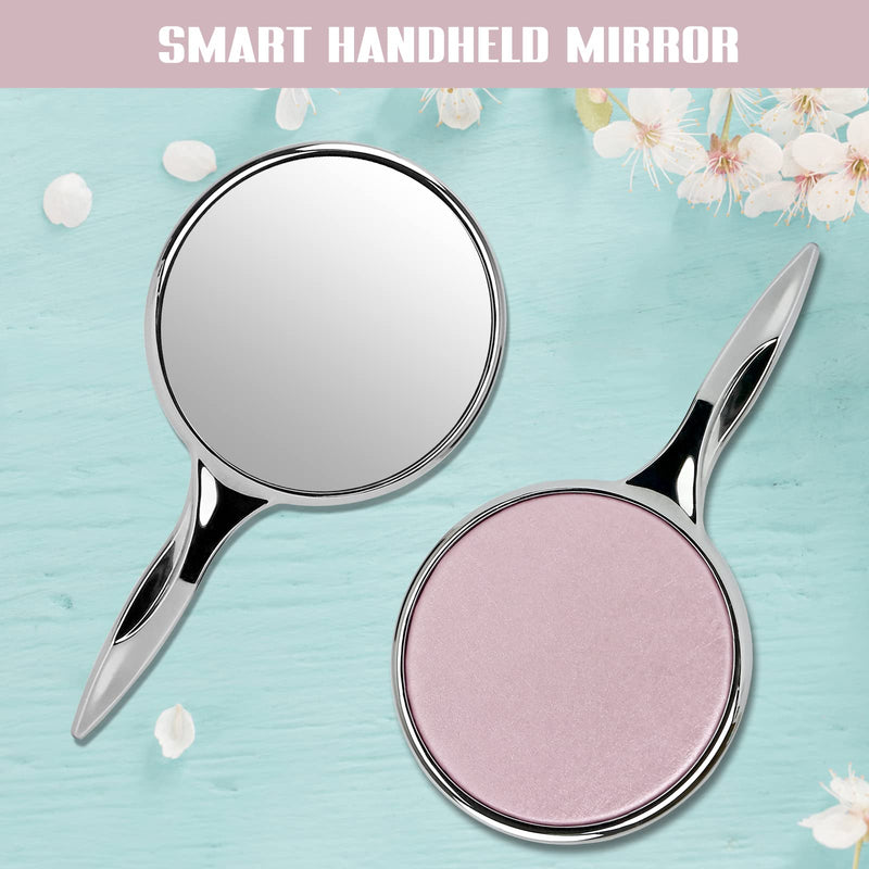 [Australia] - Handheld Compact Mirror with Handle for Girls and Women, Personal Cosmetic Round Makeup Mirrors, Portable Travel Mirror with Distortion Free, Pink and Silver 