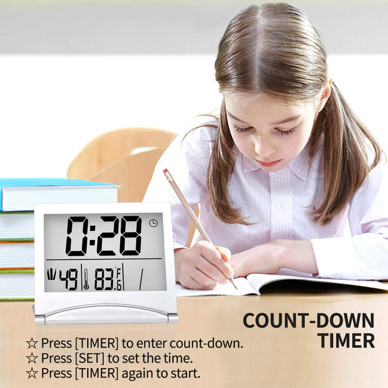 [Australia] - Betus Digital Travel Alarm Clock - Foldable Calendar Temperature Timer LCD Clock with Snooze Mode - Large Number Display, Battery Operated - Compact Desk Clock for All Ages (Silver) Silver 