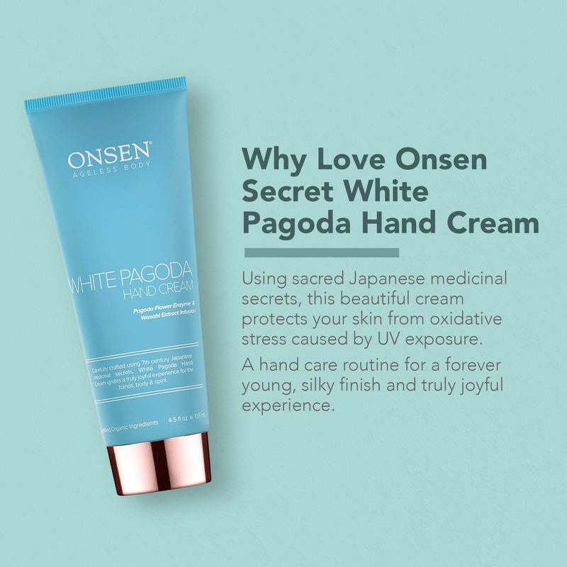 [Australia] - Onsen Japanese Anti Aging Hand Cream - Firming Hand Lotion Features Pagoda Flower Enzyme, Wasabi Extract Infusion, Hyaluronic Acid, and Shea Butter, for Clarified and Moisture Rich Skin (4.5 Oz) 