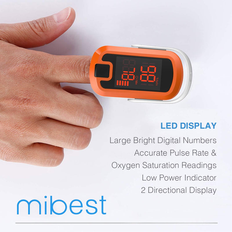 [Australia] - MIBEST Orange LED Finger Pulse Oximeter - Blood Oxygen Saturation Monitor - SPO2 Pulse Oximeter - Portable Oxygen Sensor with Included Batteries - O2 Saturation Monitor with Carry Pouch Orange - LED 