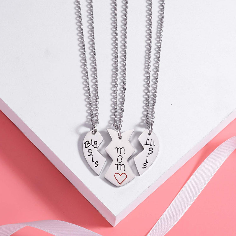 [Australia] - 3PCs Mother Daughters Mom Lil Sis Big Sis Matching Love Heart Pendant Necklace Set Gifts 