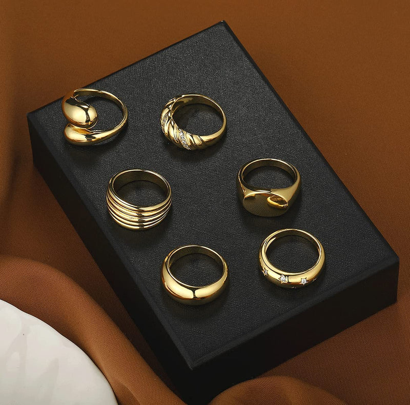 [Australia] - WFYOU 8PCS 18K Gold Plated Chunky Rings for Women Girls Thick Dome Chunky Gold Ring Set Croissant Signet Minimalist Statement Ring Jewelry Size 5-9 