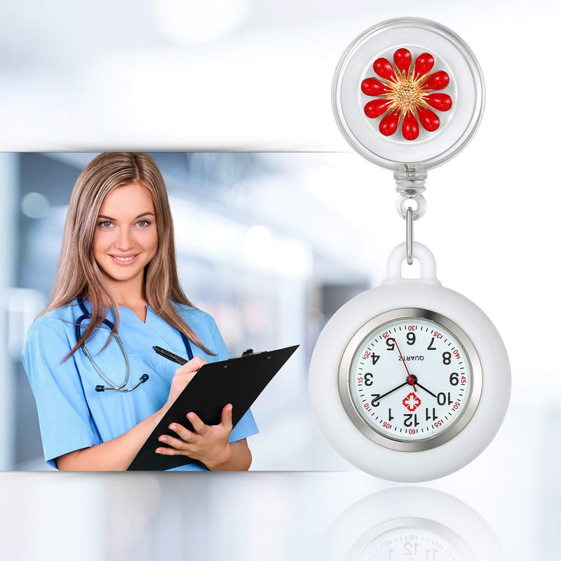 [Australia] - AVANER Retractable Nurse Watches Clip-on Hanging Fob Watches Cute Flower Pattern Lapel Watches with Silicone Cover for Nurses Doctors red 
