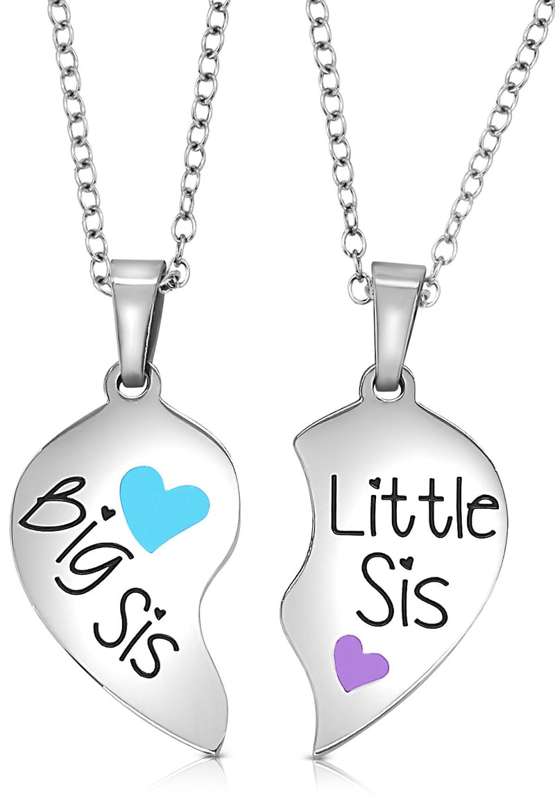 [Australia] - Sisters Jewelry Gift, Big Sis & Little Sis 2 Piece Split Heart Matching Sister Pendant Necklace Set for Women, Girls, Teens, Tweens Aqua Blue/Purple 