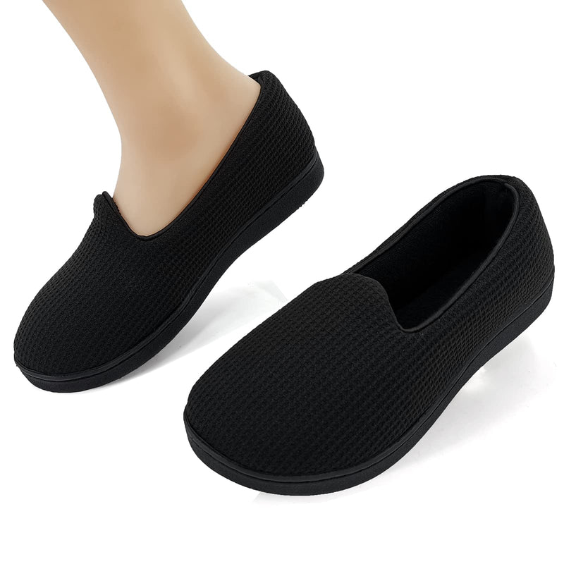 [Australia] - ofoot Womens Memory Foam Knit Cotton Waffle House Slippers with Back Indoor Slip On Shoes Lightweight Washable Terry Cloth Lining Non Slip Rubber Soles 5.5/6 UK Black 