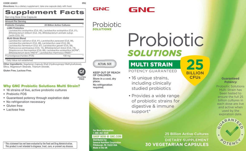 [Australia] - GNC Probiotic Solutions Multi Strain 25 Billion CFUs - 30 Capsules 