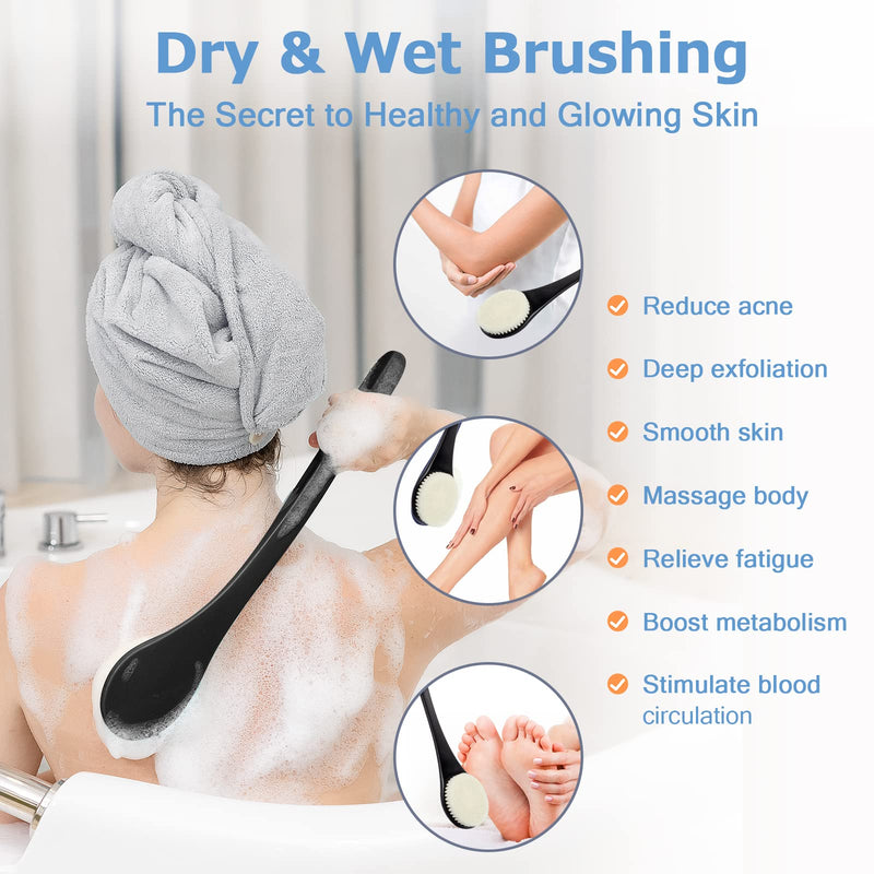 [Australia] - Body Brush Back Scrubber, 17 in Never Mold Back Brush Long Handle for Shower, Exfoliating Brush Dry Brushing Body Brush for Men Women Elderly Deep Exfoliation Soft Glowing Skin (Black) Black 