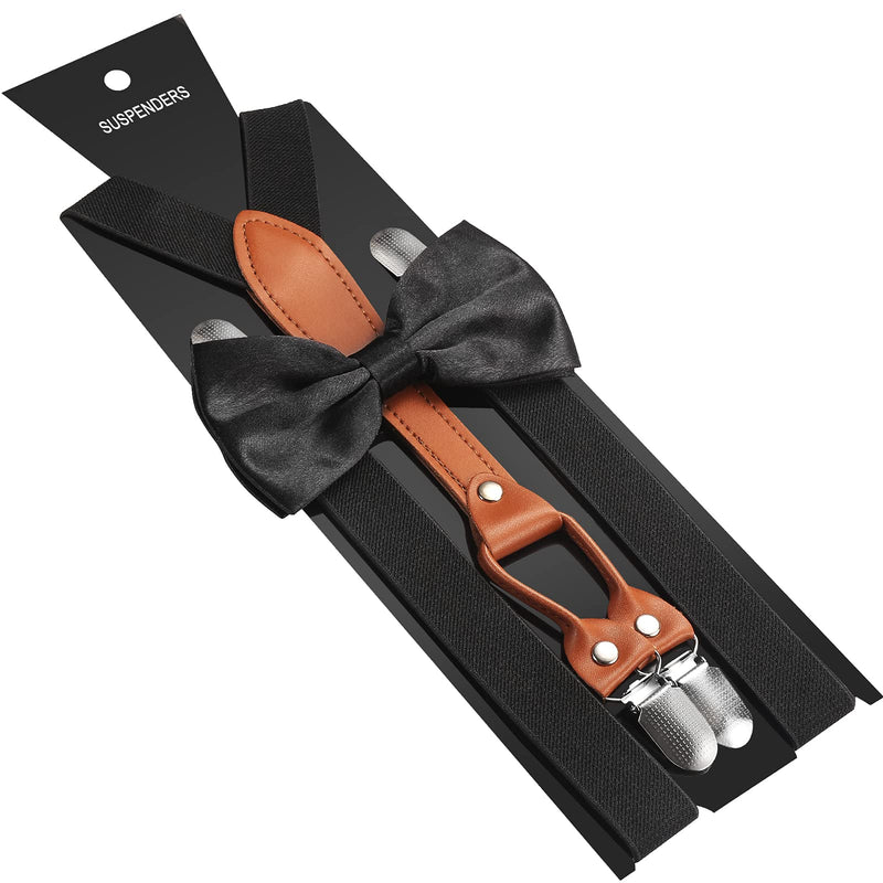 [Australia] - Boys 4 Clips Suspender and Bow Tie Set Kids Adjustable Y-Back Suspender Bowtie Set for Wedding Birthday Black 