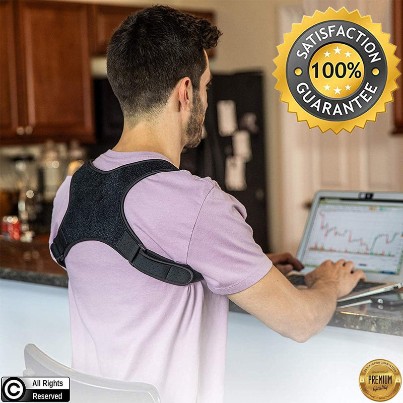 [Australia] - POAGL Posture Corrector For Men | Universal Fit Adjustable Upper Back Brace For Clavicle To Support Neck, Back and Shoulder Pain Relief Kyphosis Straightener Spine Support (Design Patented) Black 