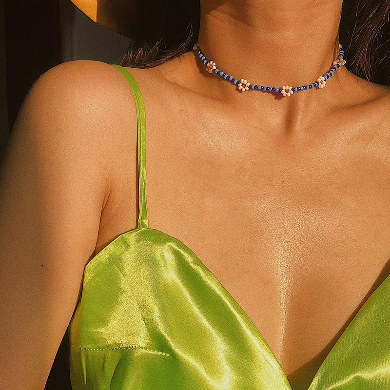 [Australia] - Konpicca Seed Bead Choker Necklace Tiny Beaded Choker Boho Colorful Necklace Bracelet Set Chain Jewelry for Women Girls, Adjustable Blue 