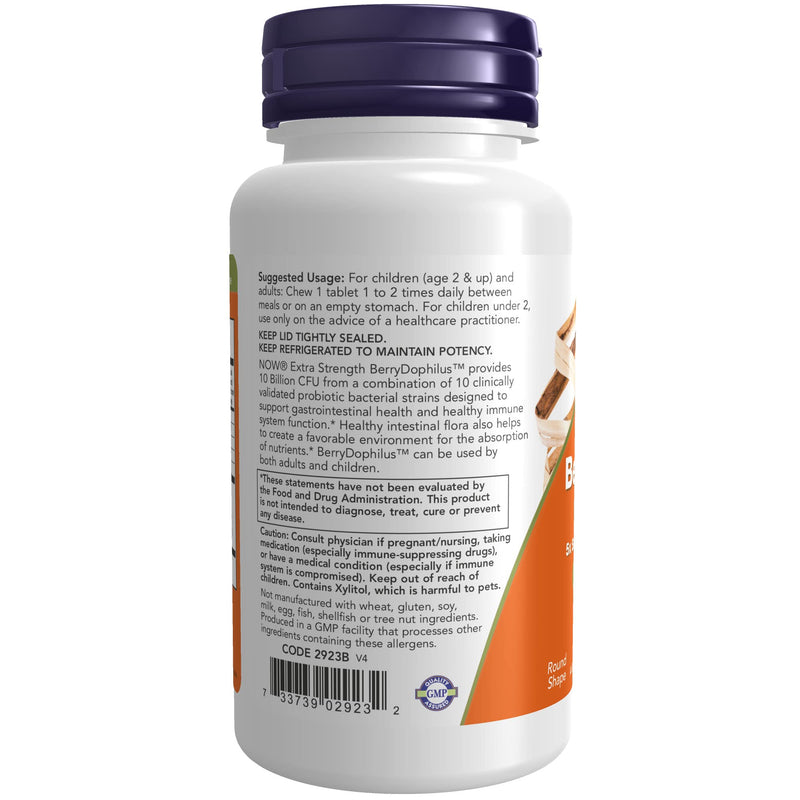 [Australia] - NOW Supplements, BerryDophilus™, Developed for Adults & Children with 10 Probiotic Strains, Extra Strength,Strain Verified, 50 Chewables 