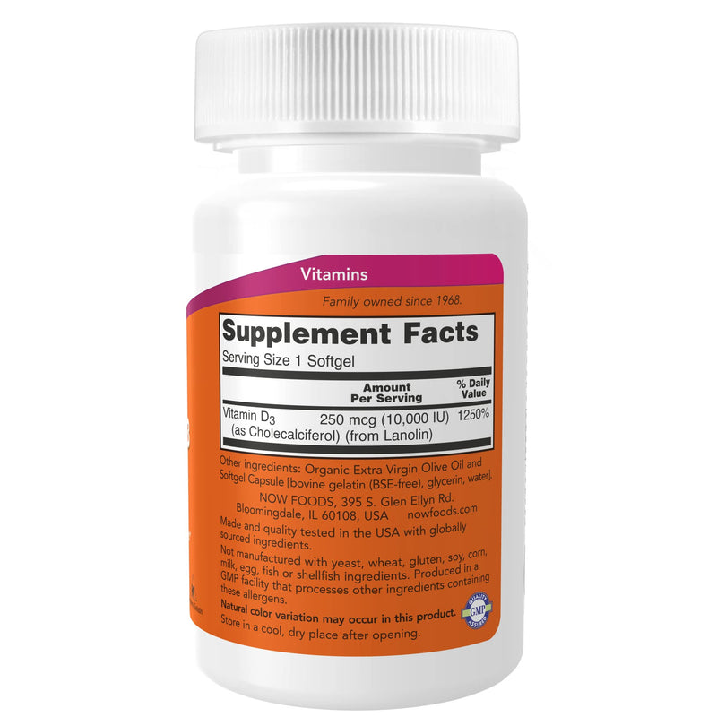 [Australia] - NOW Supplements, Vitamin D-3 10,000 IU, Highest Potency, Structural Support*, 120 Softgels 