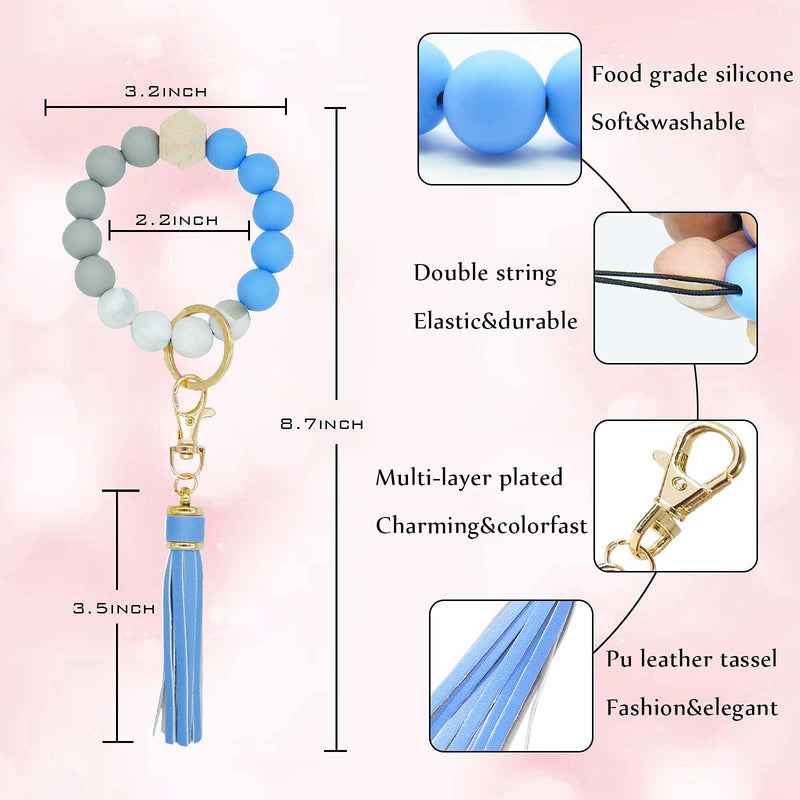 [Australia] - Silicone Beaded Bracelet Keychain Wristlet Key Ring Bangle Chains for Women with Leather Tassel Blue 