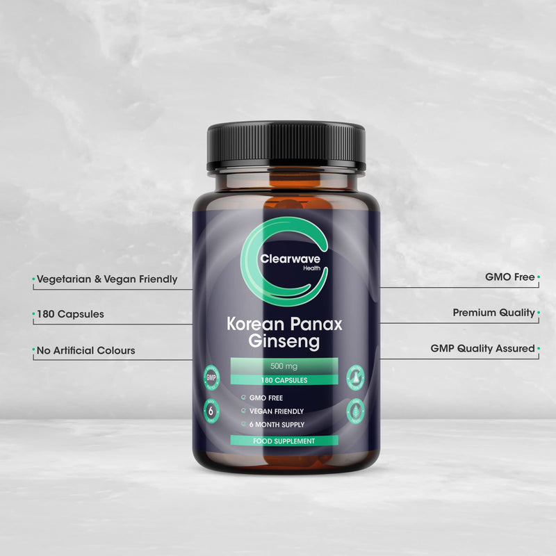 [Australia] - Panax Ginseng - 180 High Strength Capsules - 6 Month Supply - 500mg per 1 Capsule Serving, 10:1 Extract - 10% Ginsenosides - AKA Korean Ginseng - by Clearwave Health 