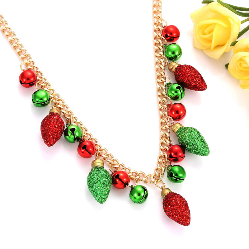 [Australia] - YAHPERN Christmas Necklaces for Women Girls X-Mas Jingle Bell Light Bulbs Chunky Collar Necklaces Jingle Bell Drop Dangle Earrings Set A :Light Bulbs 