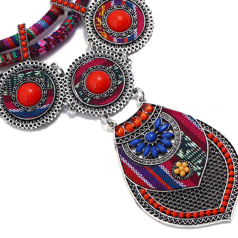 [Australia] - HENGYID Bohemian Necklace Earring Sets for Women – Chunky Enamel Multicolor Round Pendants Vintage Rhinestone Ethnic Necklace Color F 