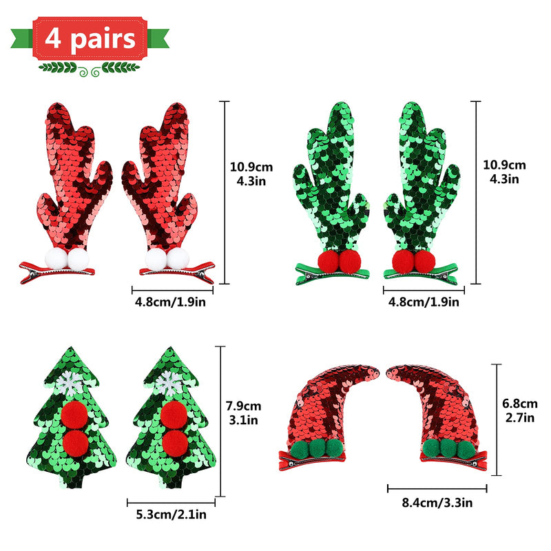 [Australia] - Christmas Hair Clip, 4 Pairs Christmas Hair Barrettes Glitter Sequins Christmas Antlers Hair Clips Red Green Xmas Hairpin Accessories for Women and Girls Christmas Party Festival Hair Decor 