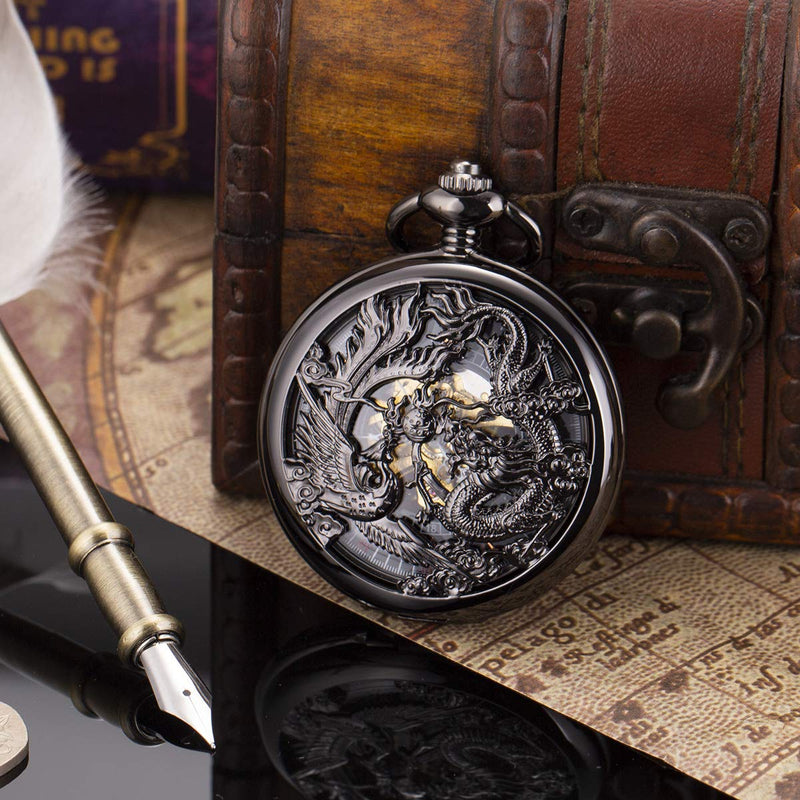 [Australia] - ManChDa Mens Antique Mechanical Pocket Watch Lucky Dragon & Phoenix Retro Skeleton Dial with Chain 1.Black 