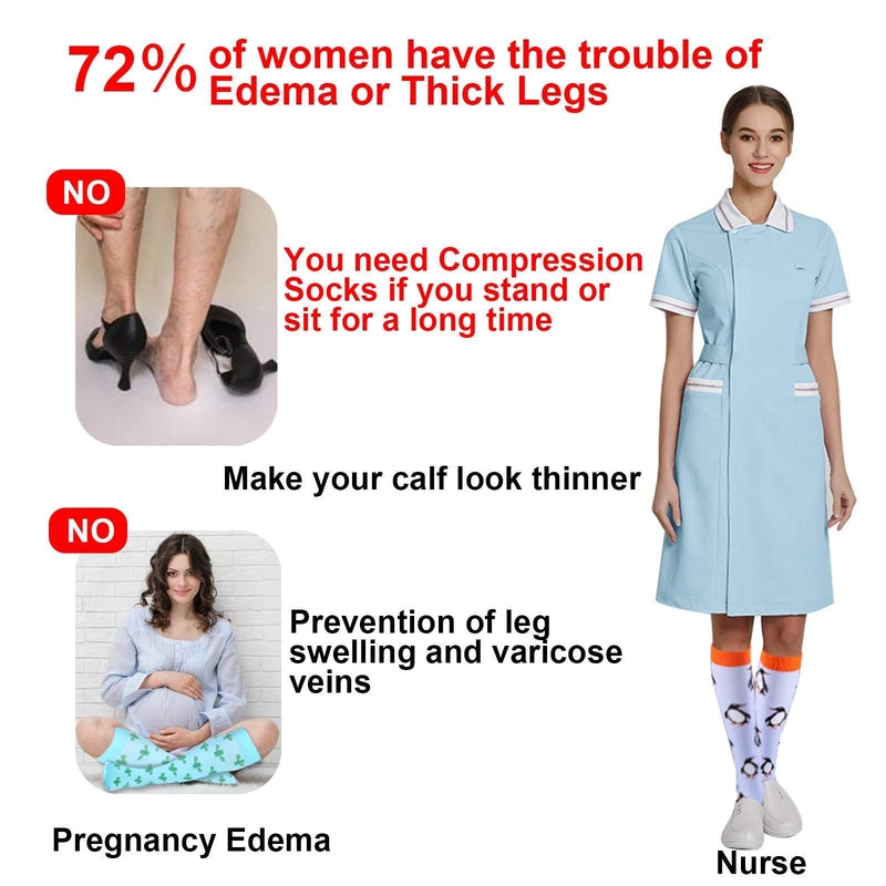 [Australia] - Zingso Compression Socks for Women Ladies, 2 Pairs Sports Nursing Pregnancy Recovery Varicose Veins Running Travel Stylish Knee-High Designed Flight Compression Socks Stockings, 20-25 mmHg B-Penguin/Cactus-2 Pairs L-XL 