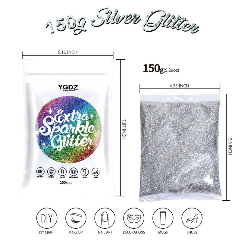 [Australia] - Silver Holographic Glitter, YGDZ 150g Multi Purpose Nails Body Extra Fine Silver Glitter for Resin Face Eye Hair Festival Decoration Crafts 