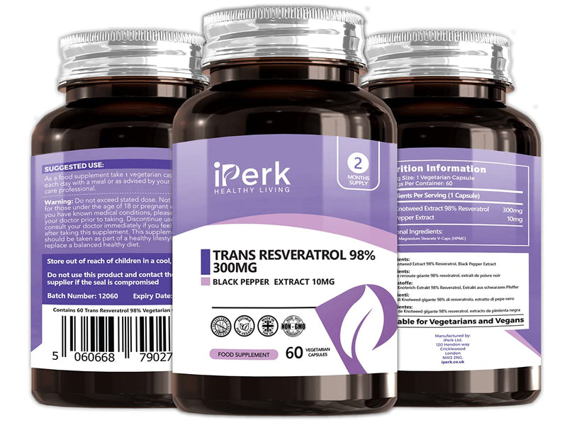 [Australia] - Trans Resveratrol 300mg (Per Capsule) 60 Vegan Capsules with 10mg Black Pepper Extract High Strength Extract | Non GMO, Dairy and Gluten Free Made in The UK in HACCP ACCREDITED Facilities 