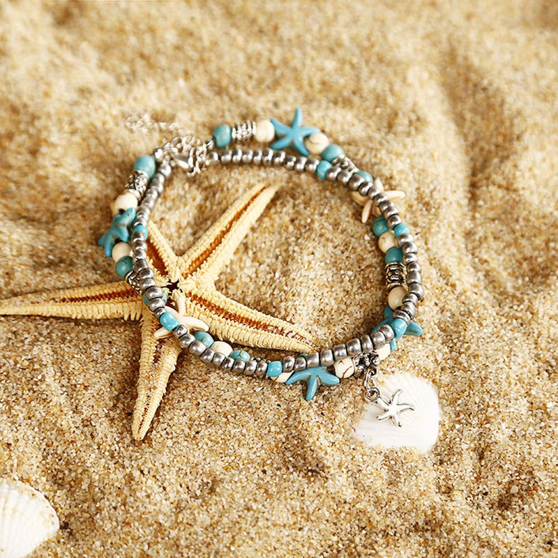 [Australia] - SEVENSTONE Handmade Starfish Turtle Anklet Beads Sea Boho Pearl Charm Anklets Foot Jewelry for Women E:2PC 
