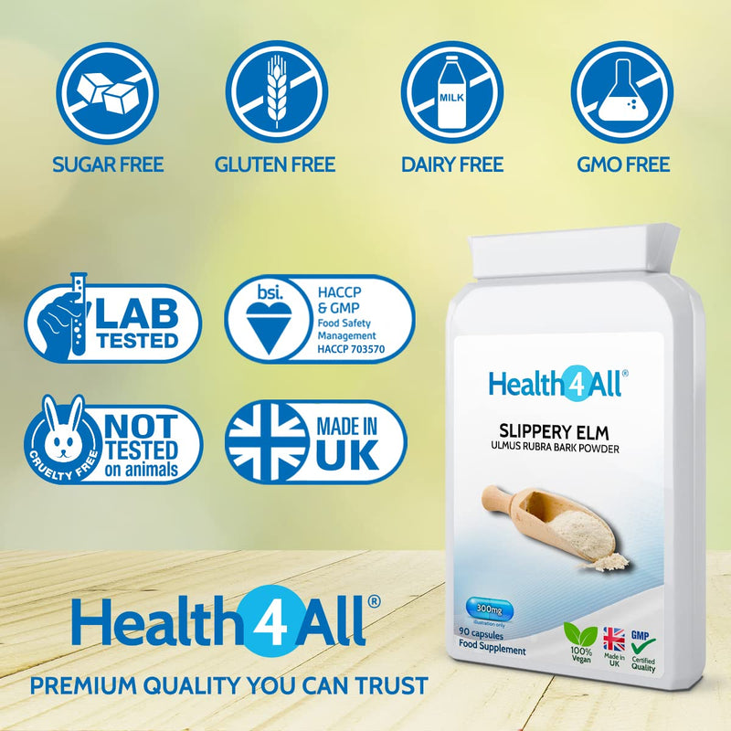 [Australia] - Slippery Elm 300mg 90 Capsules (V) Digestive Health. Acid Reflux Support. Vegan. Made in The UK by Health4All 90 Count (Pack of 1) 