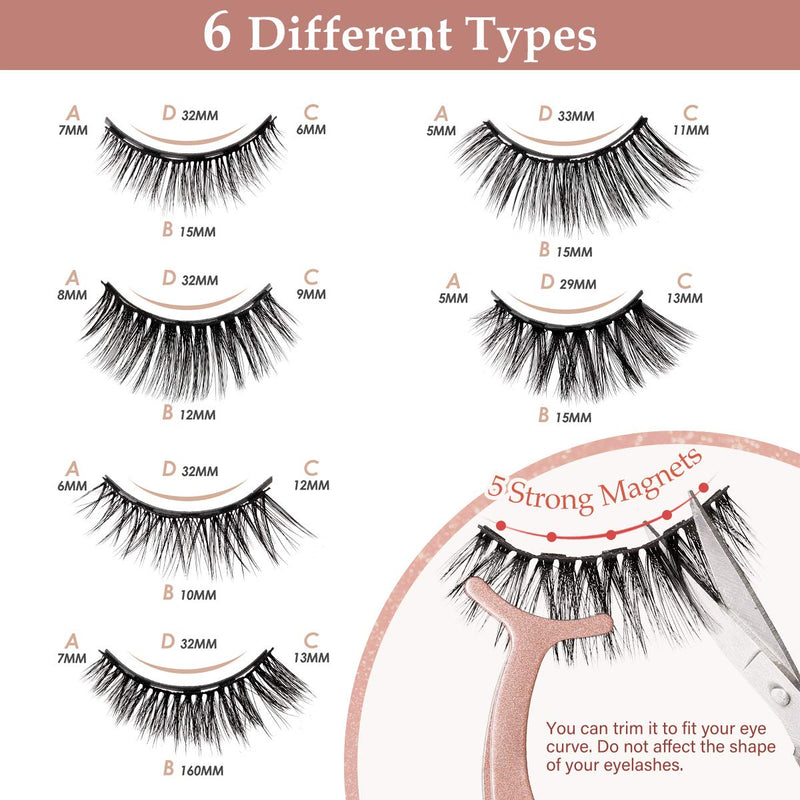 [Australia] - Magnetic Eyelashes with Eyeliner Kit, AoGer 6 Pairs 3D Natural Look False Magnetic Eyelashes, 2 Tubes Long Lasting Magnetic Eyeliner 10mL, Mirror Box with Professional Tweezers -No Glue Needed 6 Pairs Magnetic Eyelashes 