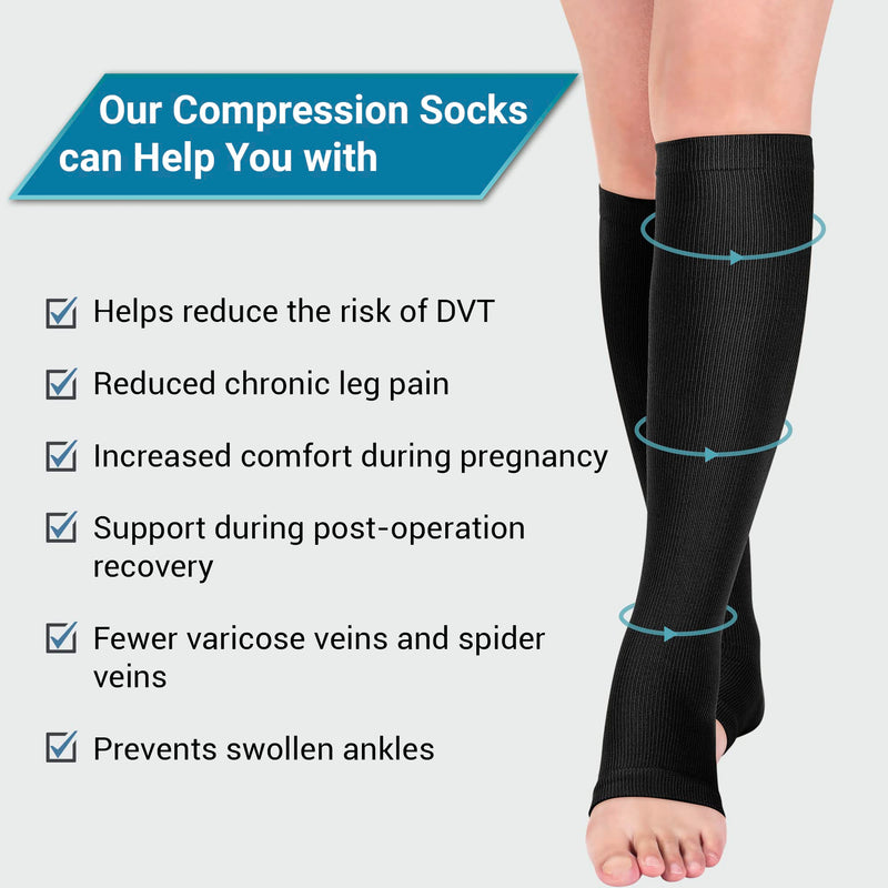 [Australia] - Open Toe Medical Compression Socks for Women & Men Flight Running Pregnancy Travel Work Varicose Veins S/M/L/XL/XXL (2 Pair) with Laundry Bag (Large - X Large) Large - X Large 