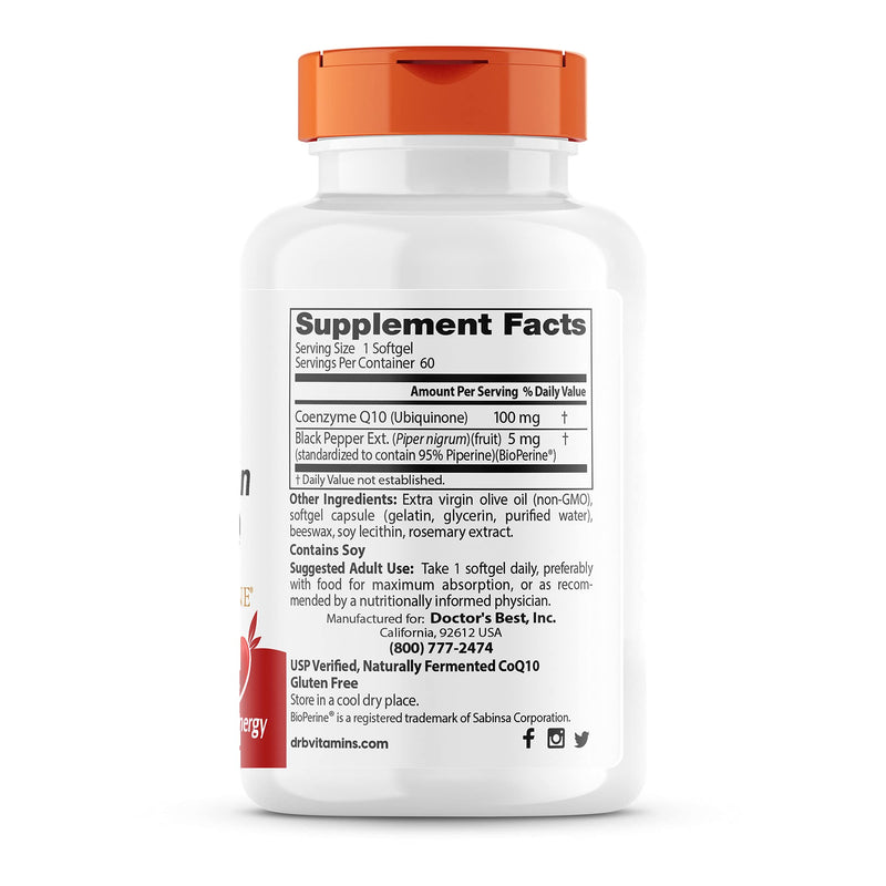 [Australia] - Doctor's Best High Absorption CoQ10 with BioPerine, Gluten Free Naturally Fermented, Heart Health & Energy Production, 100 mg, 60 SoFtgels 
