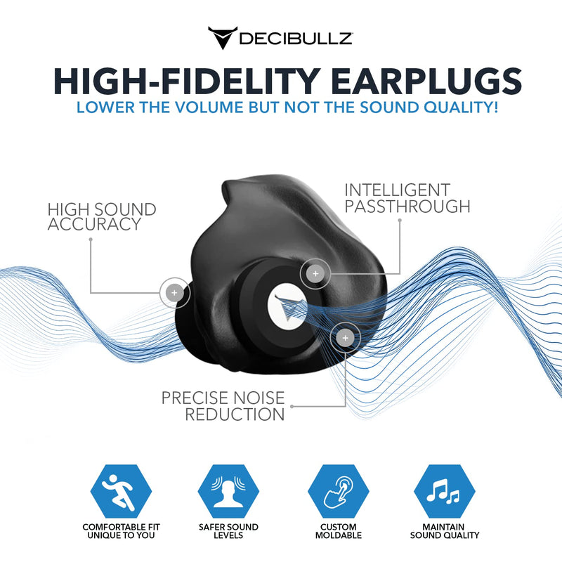 [Australia] - Decibullz Custom-Molded High Fidelity Earplugs, Hearing Protection for Concerts, Musicians, Drummers, and The Sensory Disorders, Black 